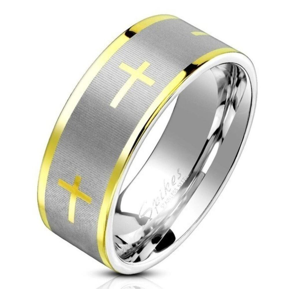 Gold Cross with Brush center and Gold Edge 316L Stainless Steel Ring size 10